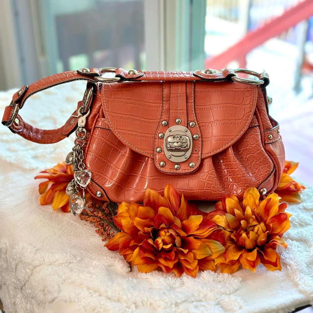 Kathy Van Zeeland Vintage Bag Orange Purse Y2K Faux Croc Charms Buckles